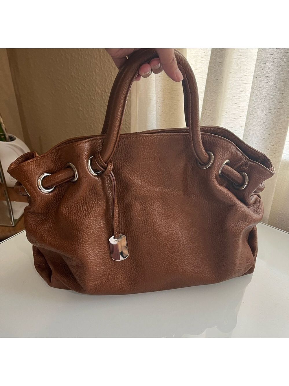 FURLA CAMEL COLORED PEBBLED LEATHER HANDBAG - Picture 15 of 16